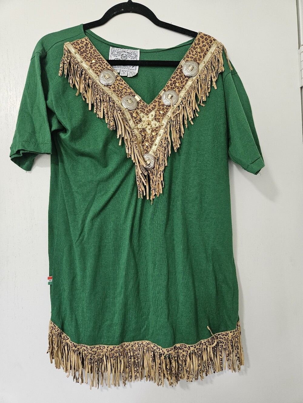 Bellows Brut Briquet Vintage Green T-Shirt Tunic Western Fringe Leopard Star